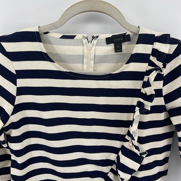 J. Crew striped scoop neck asymmetrical ruffle peplum hem 3/4 sleeve top sz XS - Picture 2 of 6